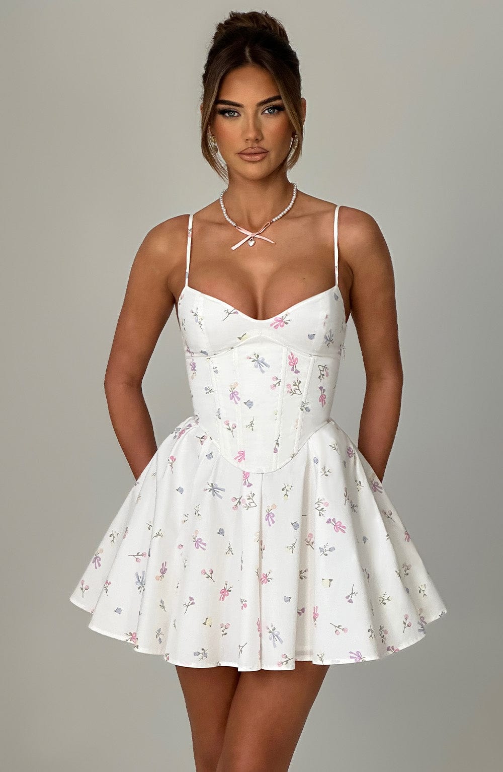 Analeigh Mini Dress - White Multi Floral Print - Napalia